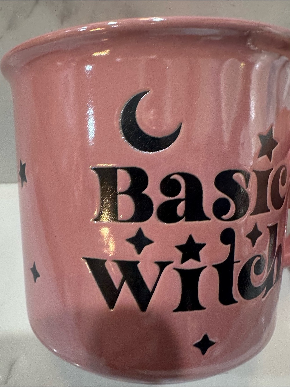 Happy Haunting Halloween Pink Aura Coffee Mug “Basic Witch” Moon Stars Dual Side - Picture 5 of 6